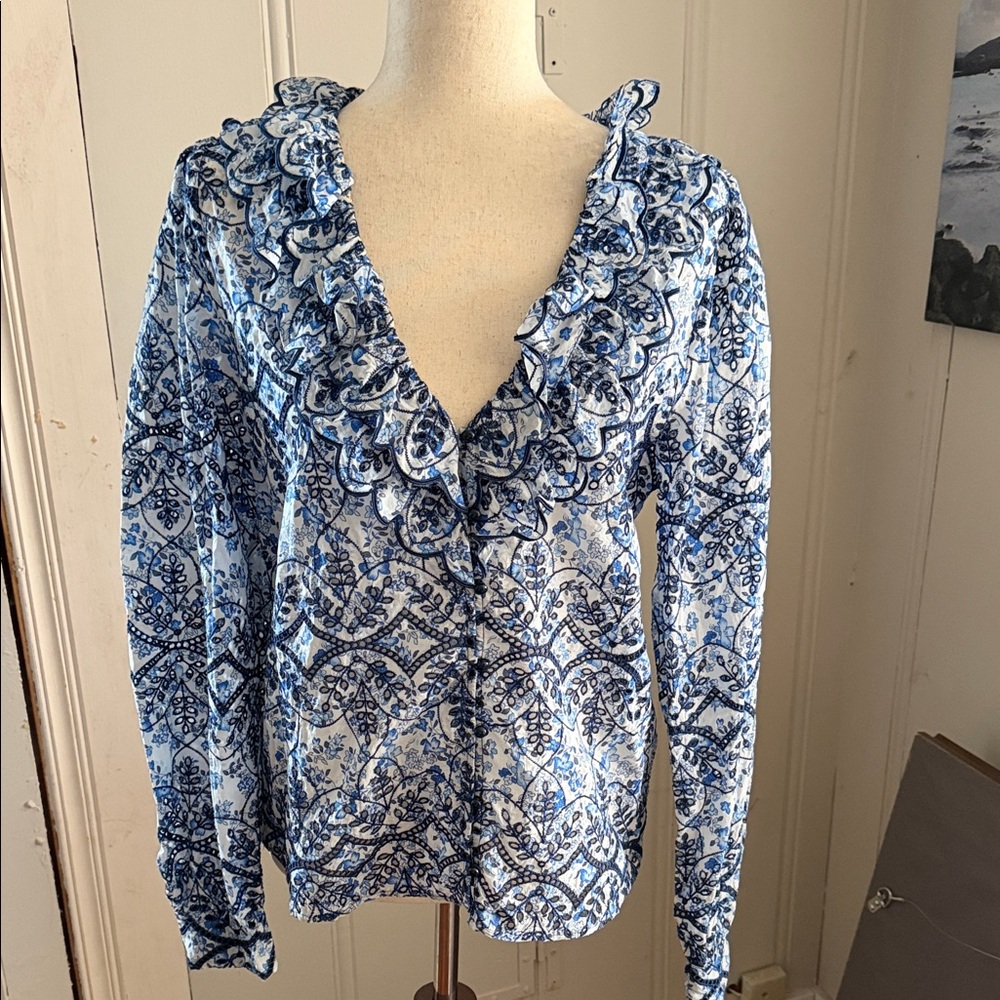 Sezane Blue Floral Ruffle V-Neck Women's Top
